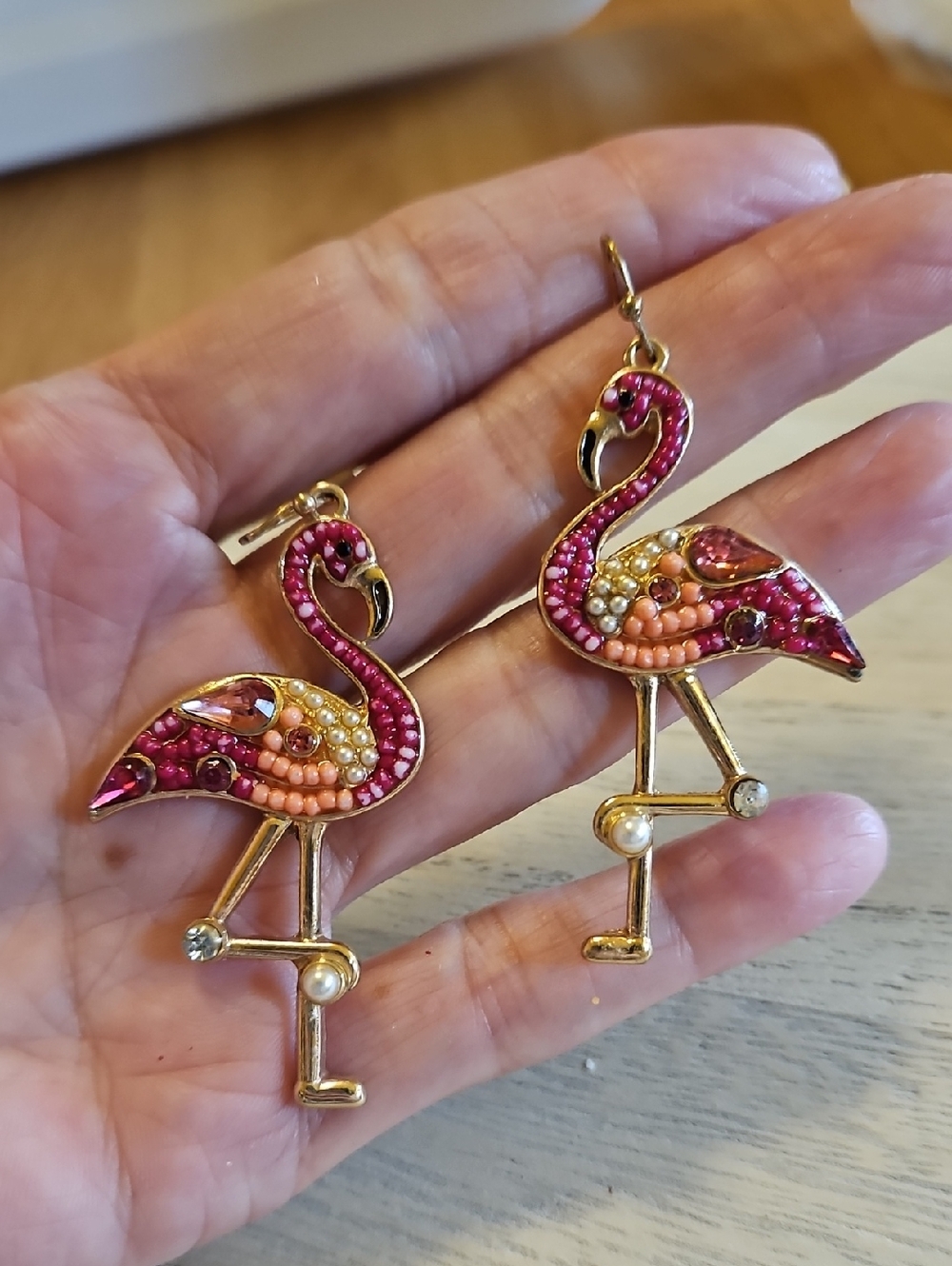 Pink Flamingo Drop Earrings with Rhinestone and Faux Pearl Accents - Picture 4 of 5